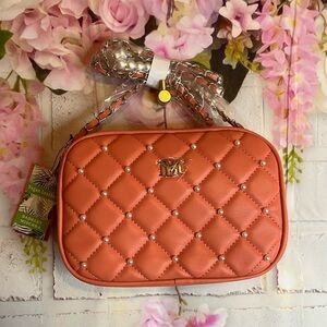 Badgley Mischka Diamond Quilted Coral camera bag with pearls vegan leather NWT